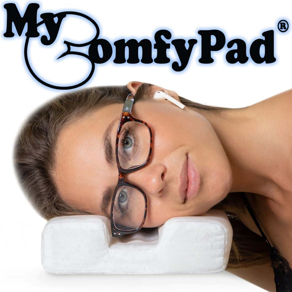 MyComfyPad for Airpods and glasses users. Eyeglass pillow and glasses pillow to prevent your ears from hurting when lying down with Airpods or earphones and prevents smushed glasses when falling asleep. Great gift for Airpods, glasses, hearing aids.